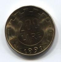 200 лир 1991 года Италия UNC