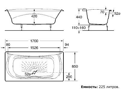 Чугунная ванна Roca Akira 2325G000R схема 3