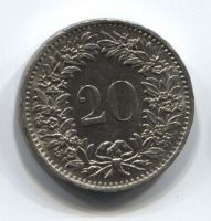 20 раппенов 1970 года Швейцария XF+