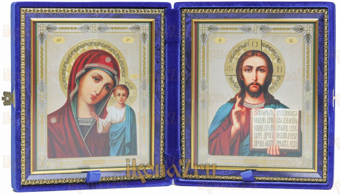 Складень большой 15 Казанская-Спаситель (синий бархат)