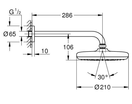 Верхний душ Grohe Tempesta 210 26412000/26411000 с горизонтальным кронштейном ФОТО