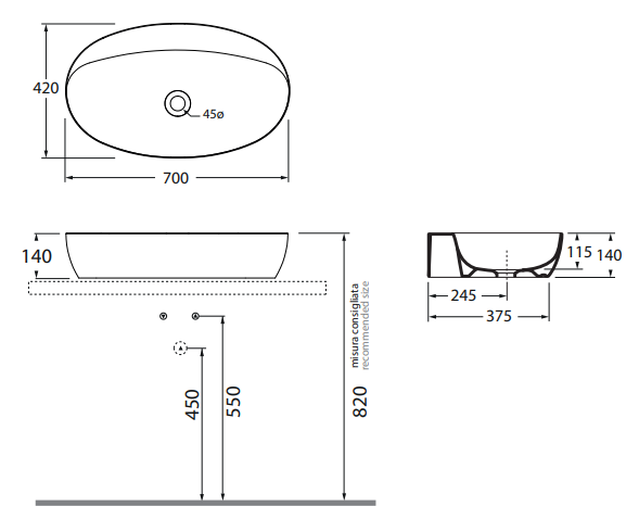 Раковина Azzurra Elegance/Circle ELLA070420C0 70 x 42 схема 1