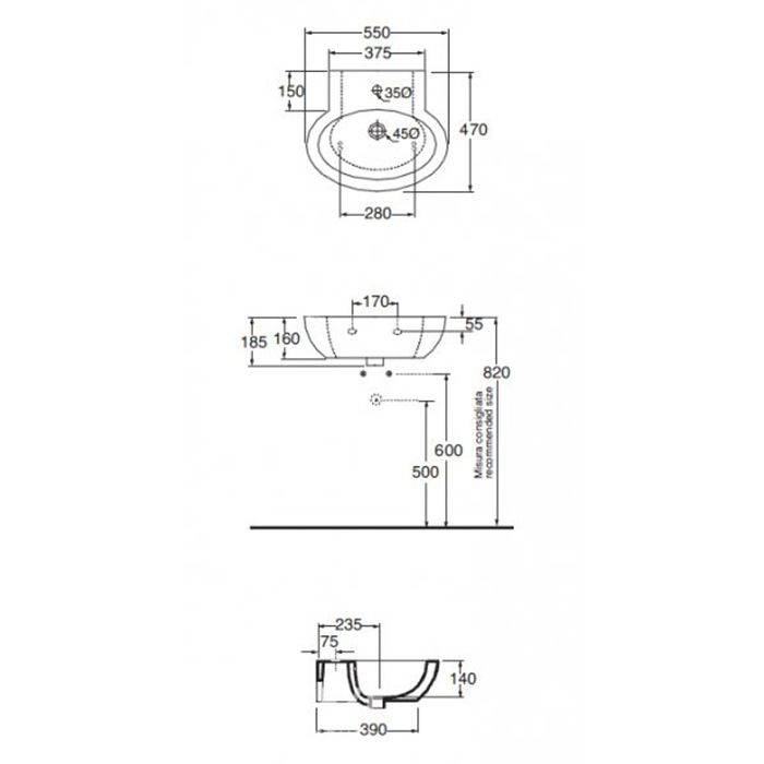 Раковина Azzurra Comoda CMLS05547T0M 55 х 47 схема 2