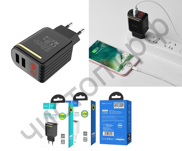 СЗУ HOCO C39A Enchanting с 2 USB выходами 2400mAh, пластик, дисплей, цвет: чёрный
