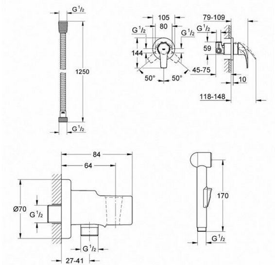 Гигиенический душ GROHE BauCurve 123072 со смесителем схема 6