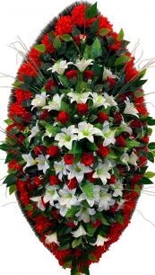 Ритуальный венок из искусственных цветов - Элит #19 красно-белый из лилий, роз и гвоздик