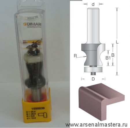 Концевая профильная горизонтальная фреза D 25 мм B 29 мм L 83 мм d 12 мм В1 24 мм R 8 мм DIMAR 1550039