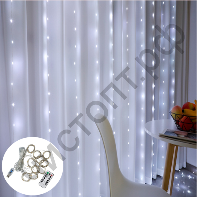 Гирлянда-штора OG-LDG08 LED (3х3м,300 ламп,белая-холодная) USB на каждый день