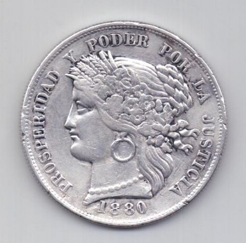 5 песет 1880 Перу XF