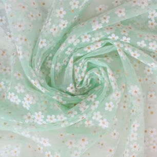 Мягкий фатин - Ромашки на мятном 150*25 см.