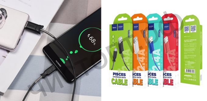 Кабель USB - Type-C HOCO X24 Pisces, 1.0м, круглый, 2.1A, силикон,чёрный