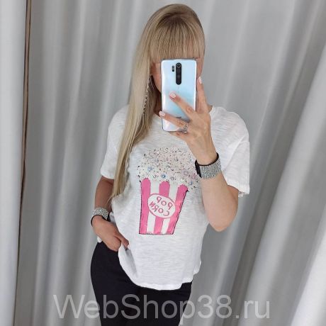 Белая хлопковая футболка Pop Corn
