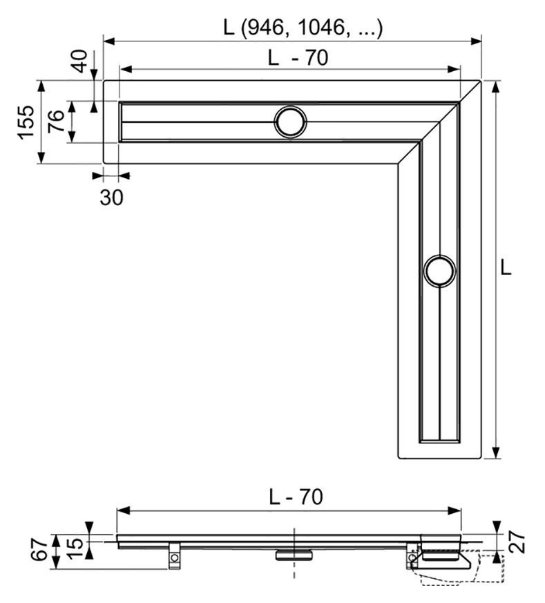 Душевой лоток Tece Drainline 120x120 611200 угловой без крышки схема 5