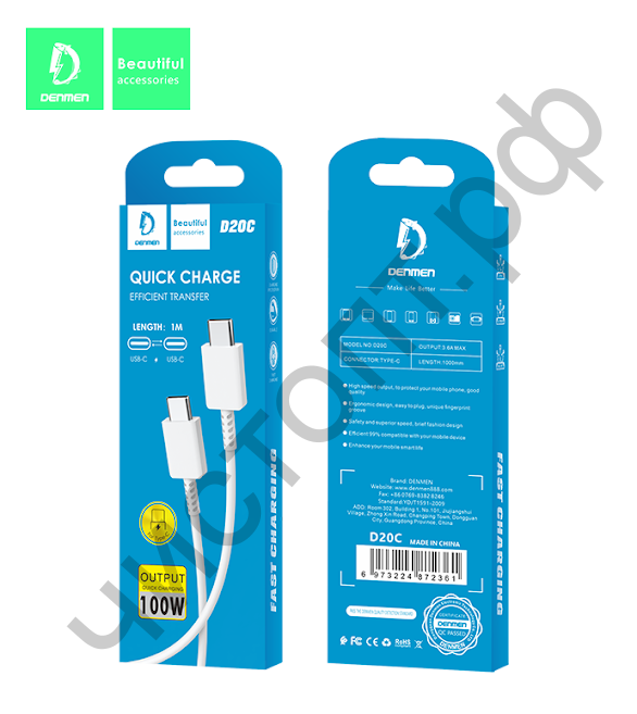 Кабель Type-C - Type-C Denmen D20C белый 1м