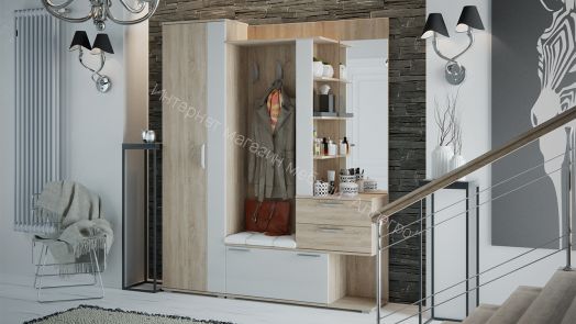 Вешалка комбинированная с крючками и зеркалом «Эрика» (Дуб сонома/Белый)