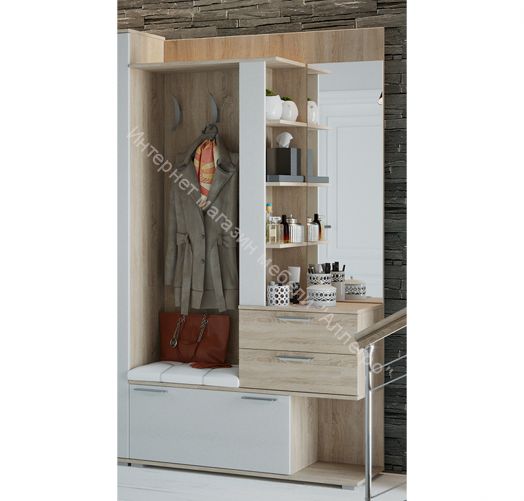 Вешалка комбинированная с крючками и зеркалом «Эрика» (Дуб сонома/Белый)