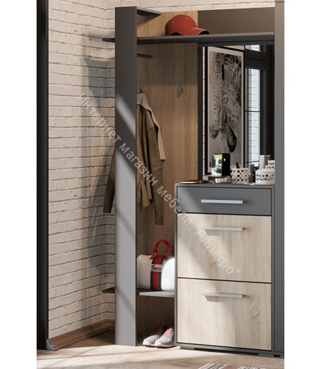 Вешалка комбинированная с крючками и зеркалом «Нуар» тип 1 (Фон серый/Дуб сонома)