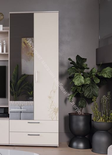 Шкаф комбинированный «Марта» (Ясень шимо/Сатин матовый с рисунком)