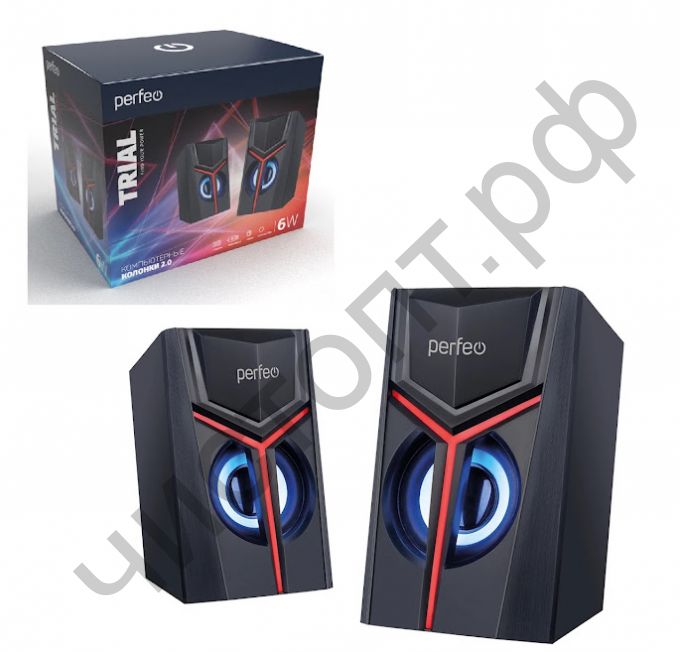 Актив.колонки 2.0 Perfeo "TRIAL",  2х3 Вт, USB, чёрн, Game Design, LED подсветка 7 цв