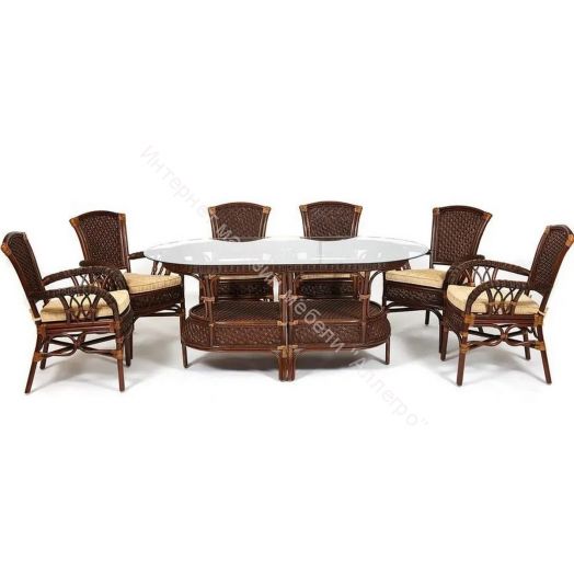 Комплект обеденный "ANDREA GRAND" (стол со стеклом+6 кресел+ подушки) Pecan Washed (античн. орех), Ткань рубчик, цвет кремовый