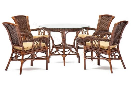 Комплект обеденный "ANDREA" ( стол со стеклом + 4 кресла + подушки) Pecan Washed (античн. орех), Ткань рубчик, цвет кремовый