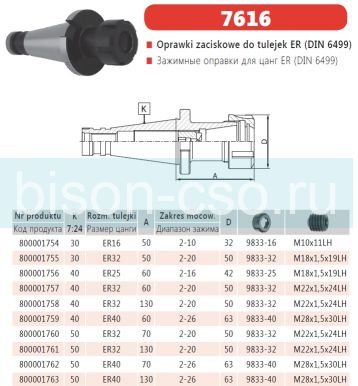 Цанговый патрон Bison-Bial Польша 7616-40-32-130 KWN  кон. 40