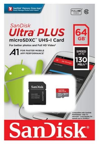 Карта памяти SDHC Micro SanDisk 64GB Ultra PLUS UHS-I (SDSQUB3-064G-GN6MA)