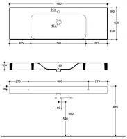 Раковина Kerasan Cento 140x45 с 1 отверстием и боковыми полками 3535 схема 2