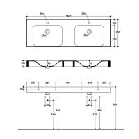 Двойная раковина Kerasan Cento 140x45 с 1 отверстием к каждой чаше 3536 схема 2