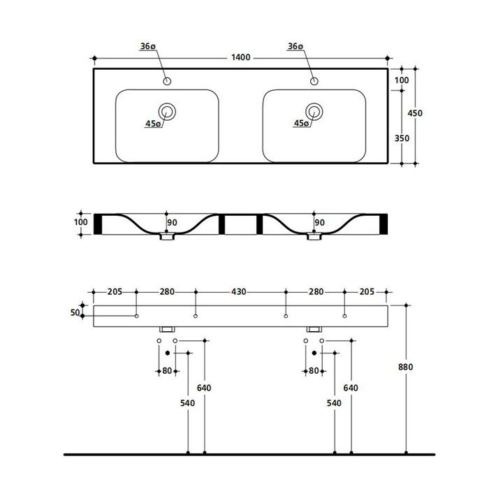 Двойная раковина Kerasan Cento 140x45 с 1 отверстием к каждой чаше 3536 схема 2