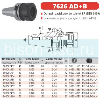 Цанговый патрон Bison-Bial Польша 7626-50-40-80 KWN  кон. 50 AD+B ER40