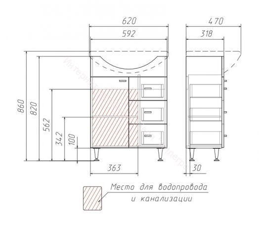 Тумба под умывальник "Уют 60 Классик" с 3 верхними ящиками В3 АЙСБЕРГ