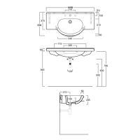 Раковина Simas Lavabi 105x51 MONTERCARLO с 1 отверстием и 2 намеченными отверстиями TOP 60 схема 2