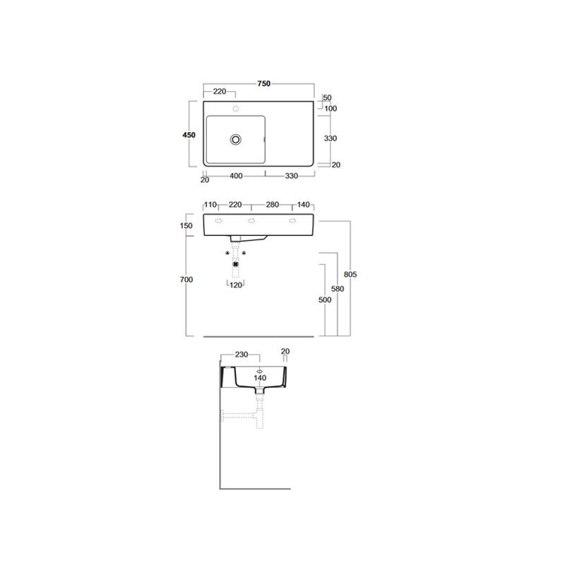 Раковина Simas Lavabi 75x45 с 1 отверстием QU75 схема 4