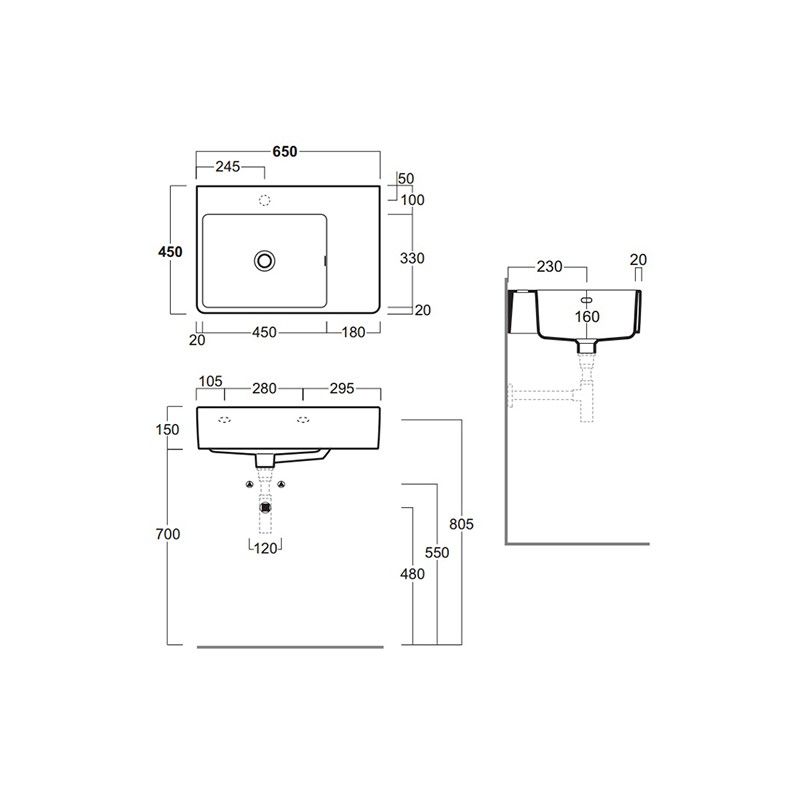 Раковина Simas Lavabi 65x45 с 1 отверстием QU65 схема 2