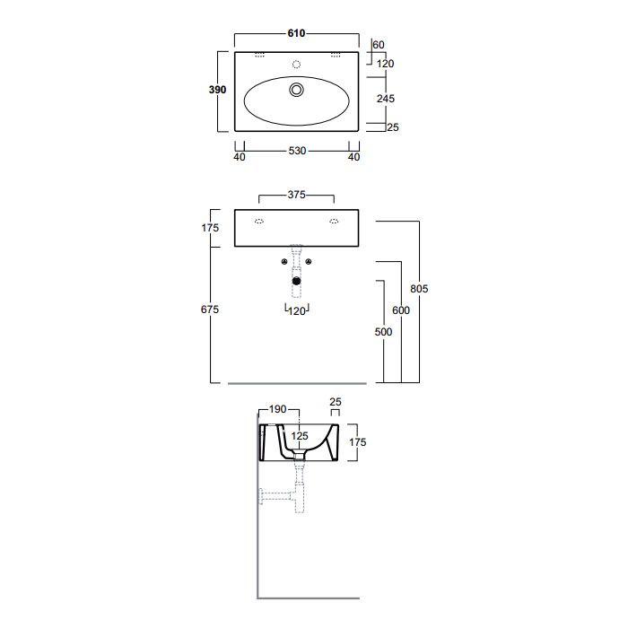 Раковина Simas LFT Spazio 61x39 с 1 намеченным отверстием LFT 54 схема 2