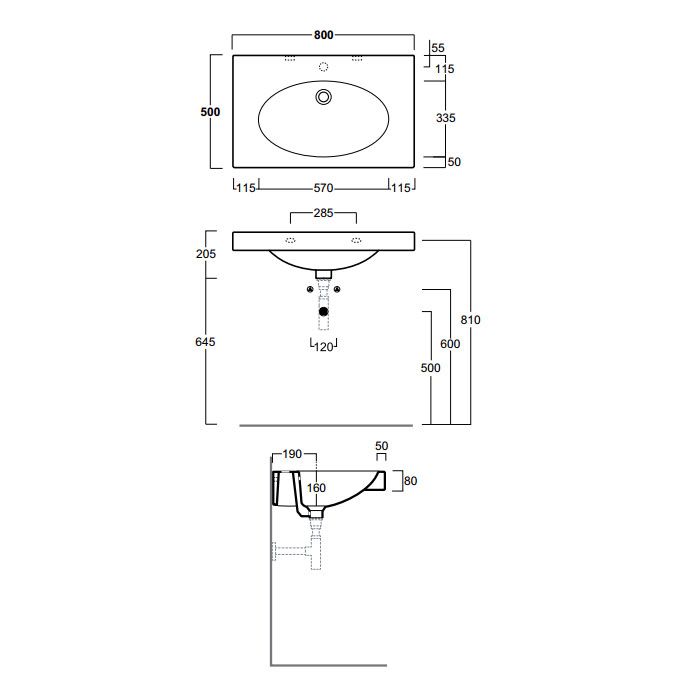 Раковина Simas LFT Spazio 80x50 с 1 намеченным отверстием LFT 44 схема 2