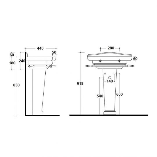 Раковина Galassia Ethos 8436 с 3 отверстиями и переливом 110x54 схема 2