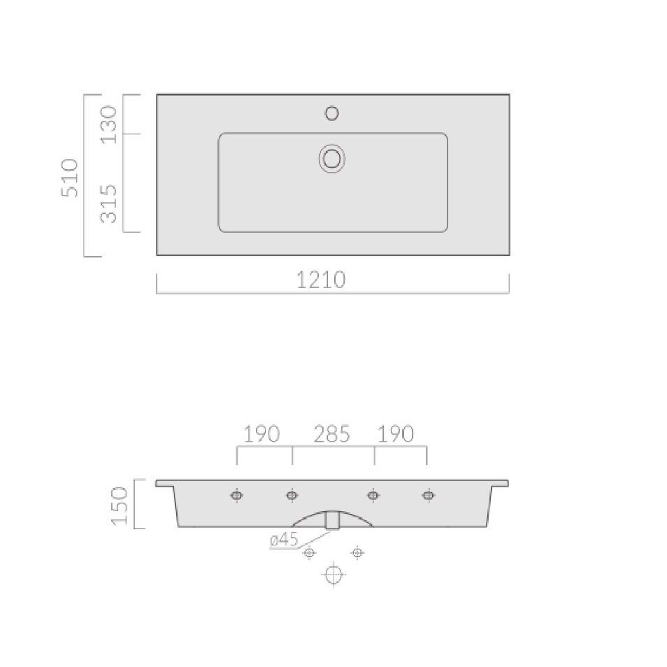 Раковина Galassia Plus Design с 1 отверстием и переливом 121x51 2047 схема 2