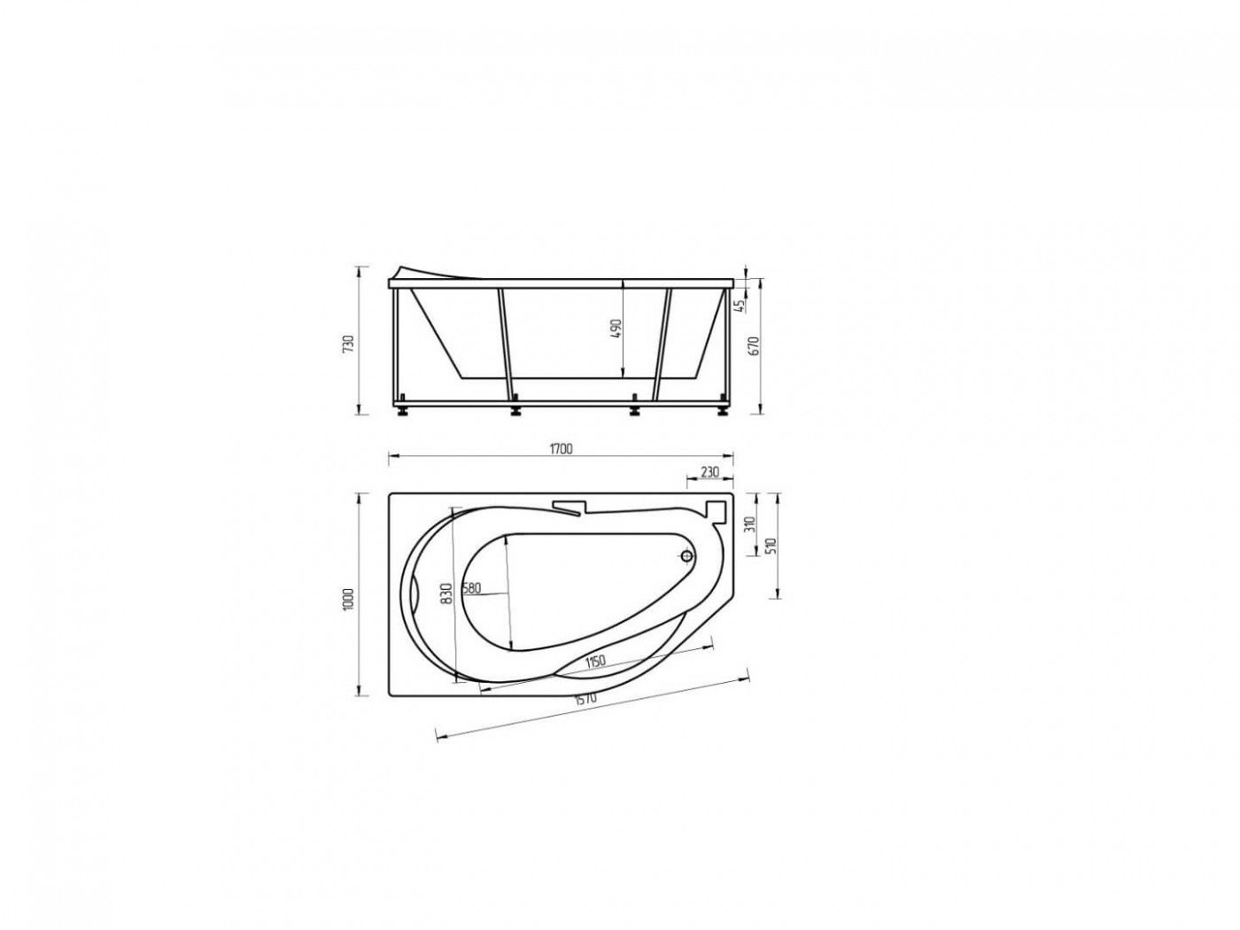 Ванна акриловая полукруглая Акватек Таурус 170х100 схема 3