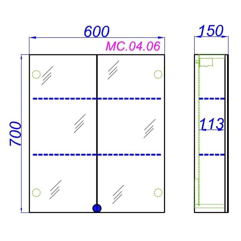 Универсальный зеркальный шкаф с двумя дверцами Aqwella MC 60х70 схема 2