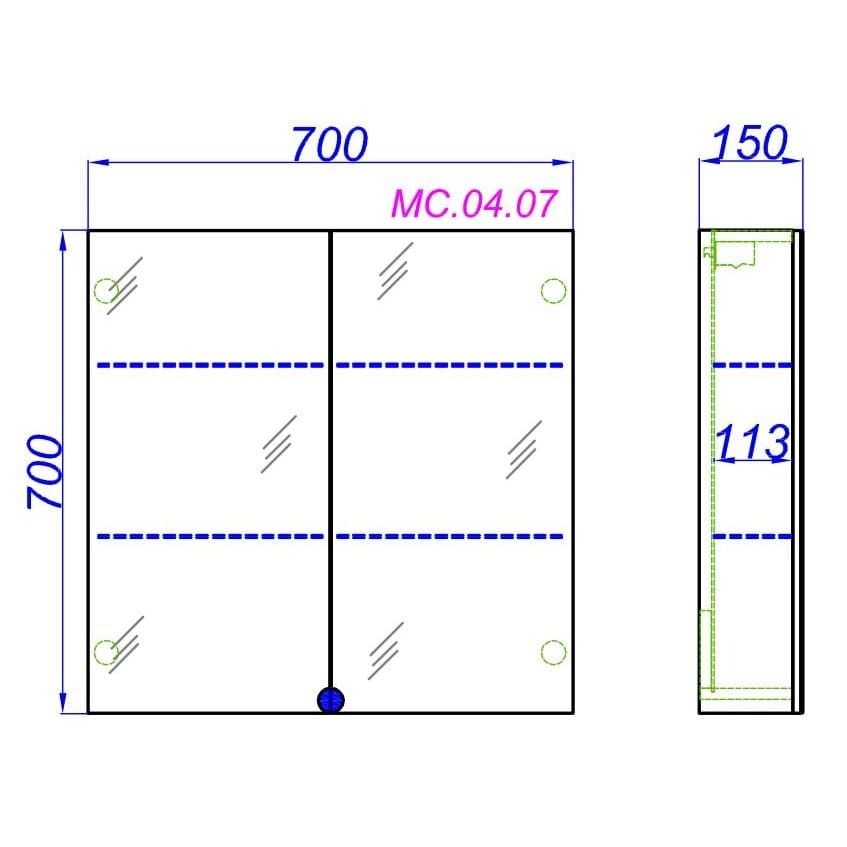 Квадратный зеркальный шкаф Aqwella MC с плавным закрыванием дверец 70х70 схема 2