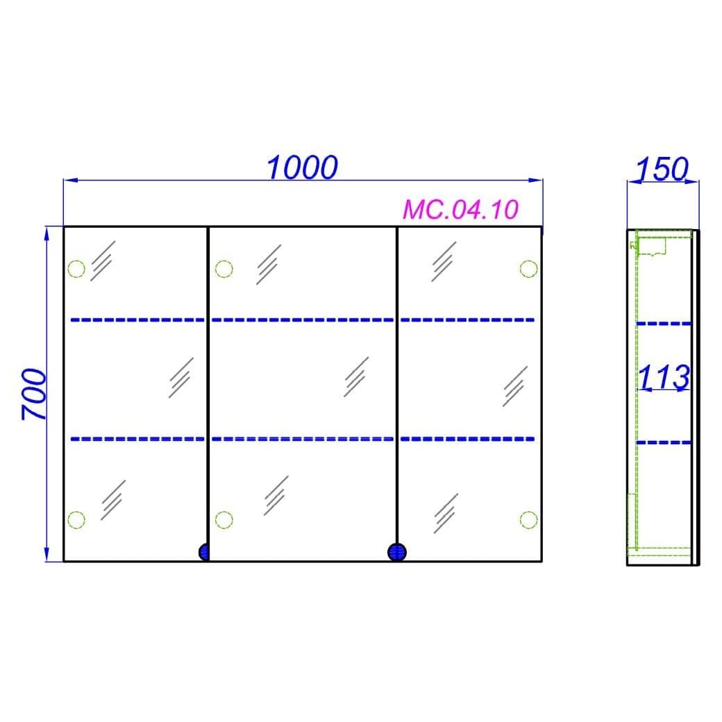 Зеркальный шкаф с тремя дверьми Aqwella MC 100х70 схема 2