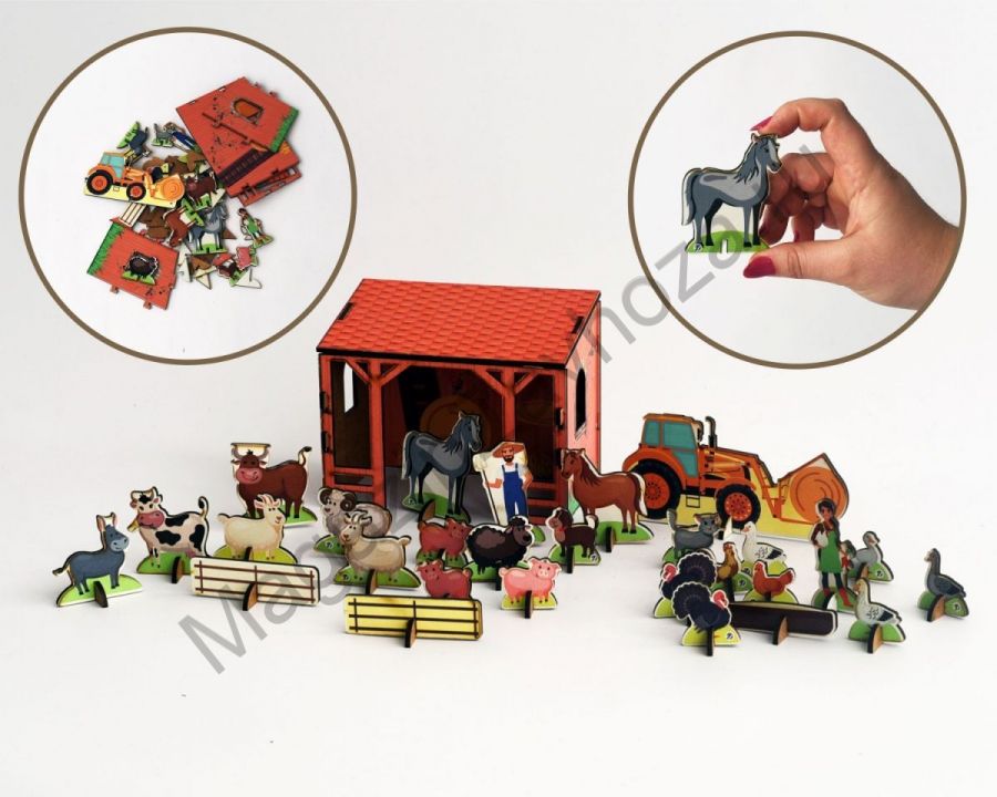 Игровой набор деревянный УСПЕШНАЯ ФЕРМА 45 фигурок на подставках + сборный сарай + мультфильмы