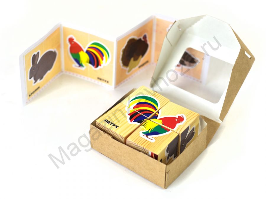 Складные кубики с сюжетными картинками ДОМАШНИЕ ЖИВОТНЫЕ И ПТИЦЫ 4 штуки
