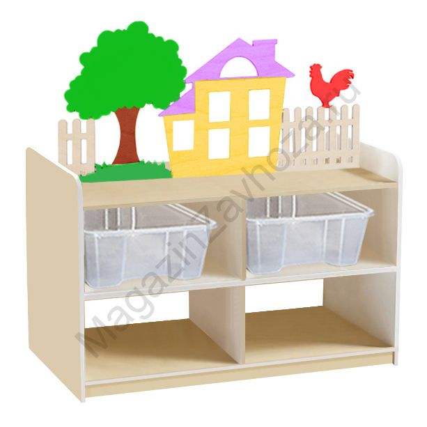 ТУМБА ДЛЯ ИГРУШЕК И ПОСОБИЙ 5 ДВУСТОРОННЯЯ НА ЦОКОЛЕ С 4-МЯ КОНТЕЙНЕРАМИ