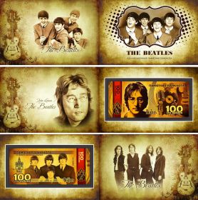 100 РУБЛЕЙ ПАМЯТНАЯ СУВЕНИРНАЯ КУПЮРА - THE BEATLES(ЗОЛОТО) , СЕРИЯ ЛЕГЕНДЫ МИРОВОЙ МУЗЫКИ В ПОДАРОЧНОМ БУКЛЕТЕ Oz