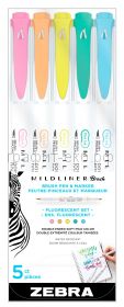 Ручка капиллярная Zebra mildliner brush and marker fluorescent 5цв.ассорти 79105