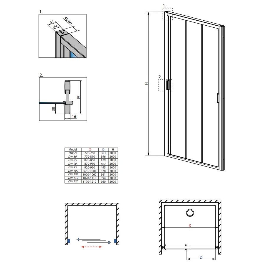 Трехсекционная раздвижная дверь Radaway Evo DW для душевого уголка схема 2