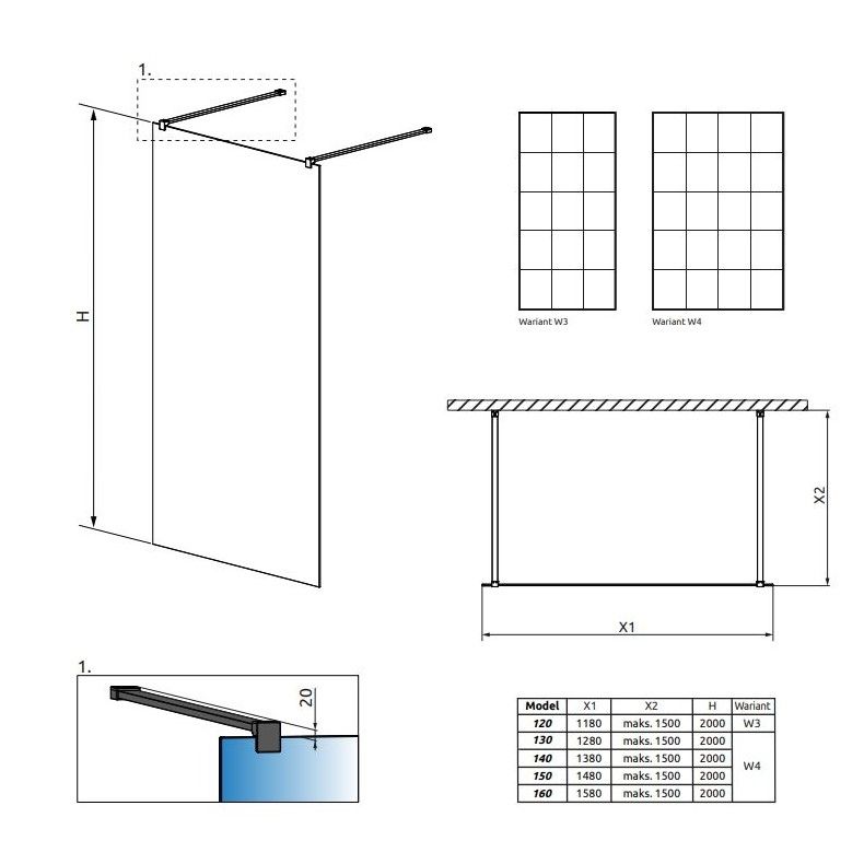 Душевая перегородка Walk-in Radaway Modo New Black I Factory с черной решеткой схема 2